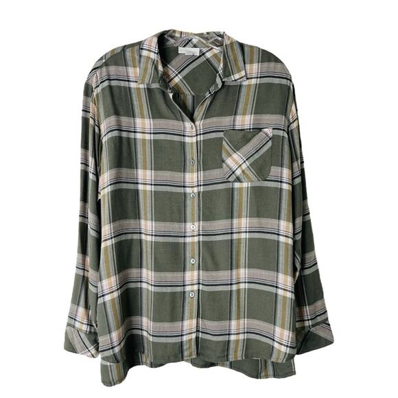 J Jill green white tan pink flannel button front top XS - Picture 1 of 6
